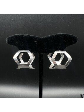 Vintage Sterling Silver Geometric Open Hexagon Hoop Earrings 7.1g Mexico